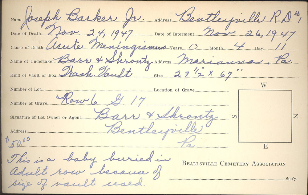 Joseph Barker Jr. burial card